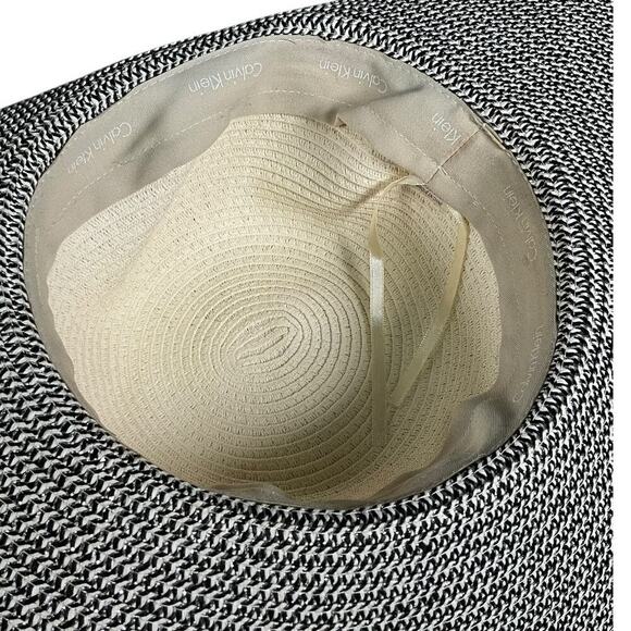 Calvin Klein Wide Brim Straw Sun Hat Drawstring Adjustable Black White Old Money main image 8